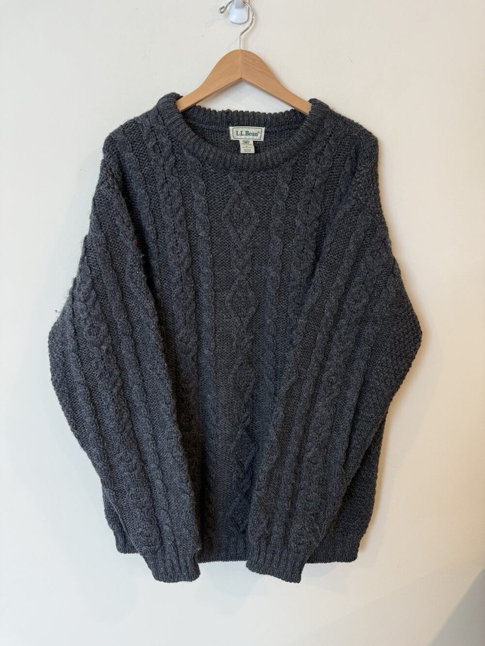 Vintage L.L Bean Fisherman Cable Knit Men's Gray Wool Sweater IRELAND L Tall